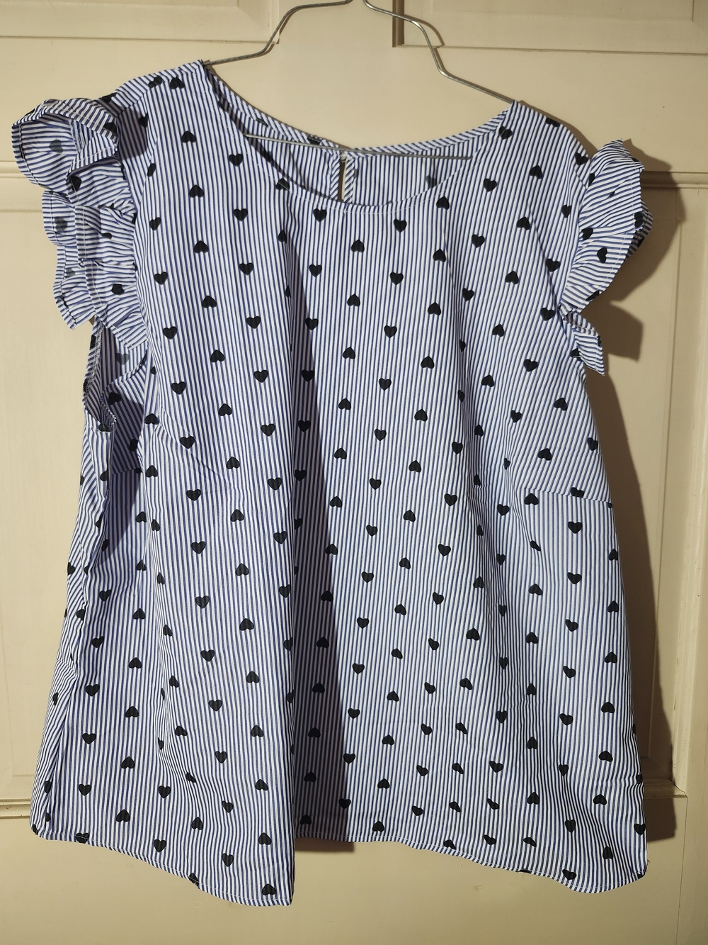 SHEIN Blue & Black Striped Heart Ruffle Sleeve Top